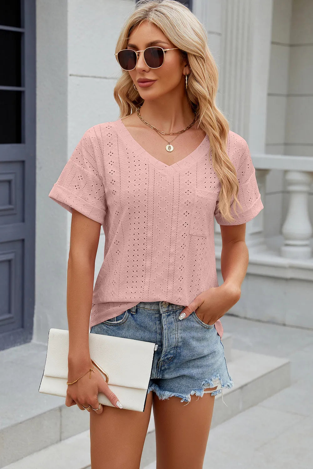 Solid color pocket V-neck loose short sleeved T-shirt top for women - V.I.P Digital Presence