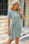 Solid color round neck pleated lace up short sleeved knitted dress - V.I.P Digital Presence