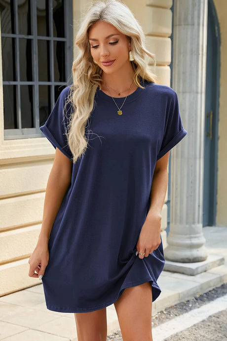 Solid color round neck pocket loose short sleeved dress - V.I.P Digital Presence