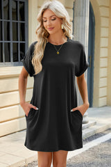 Solid color round neck pocket loose short sleeved dress - V.I.P Digital Presence