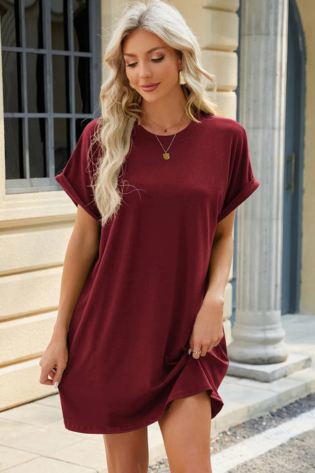 Solid color round neck pocket loose short sleeved dress - V.I.P Digital Presence