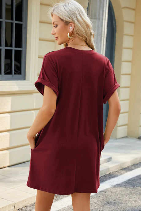 Solid color round neck pocket loose short sleeved dress - V.I.P Digital Presence