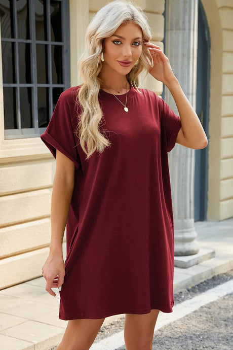 Solid color round neck pocket loose short sleeved dress - V.I.P Digital Presence