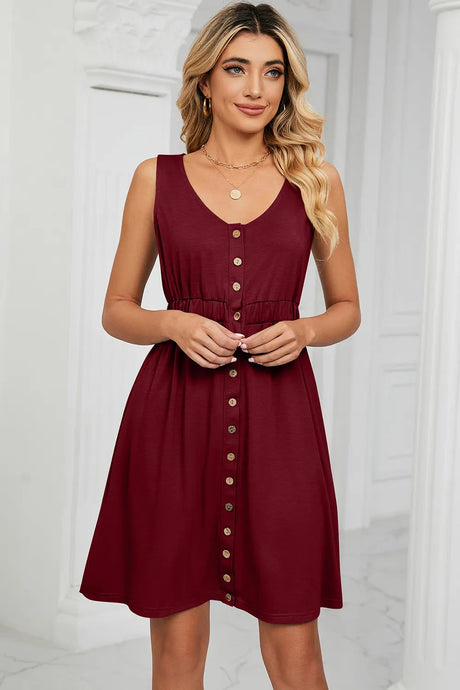 Solid color sleeveless button pocket round neck split waist dress - V.I.P Digital Presence
