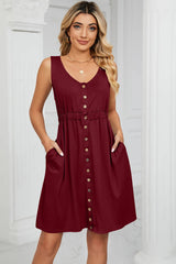 Solid color sleeveless button pocket round neck split waist dress - V.I.P Digital Presence