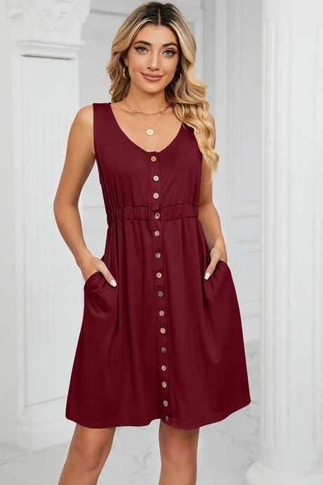 Solid color sleeveless button pocket round neck split waist dress - V.I.P Digital Presence