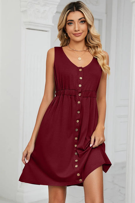 Solid color sleeveless button pocket round neck split waist dress - V.I.P Digital Presence