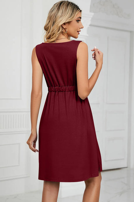 Solid color sleeveless button pocket round neck split waist dress - V.I.P Digital Presence