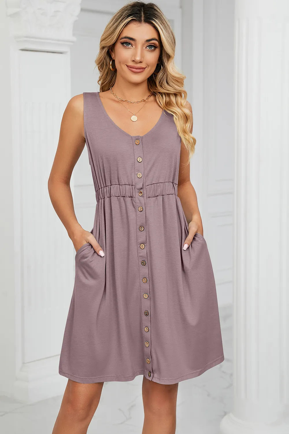 Solid color sleeveless button pocket round neck split waist dress - V.I.P Digital Presence