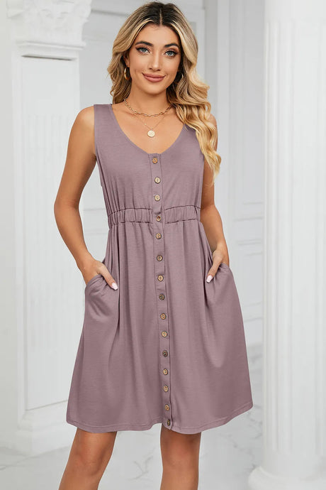Solid color sleeveless button pocket round neck split waist dress - V.I.P Digital Presence
