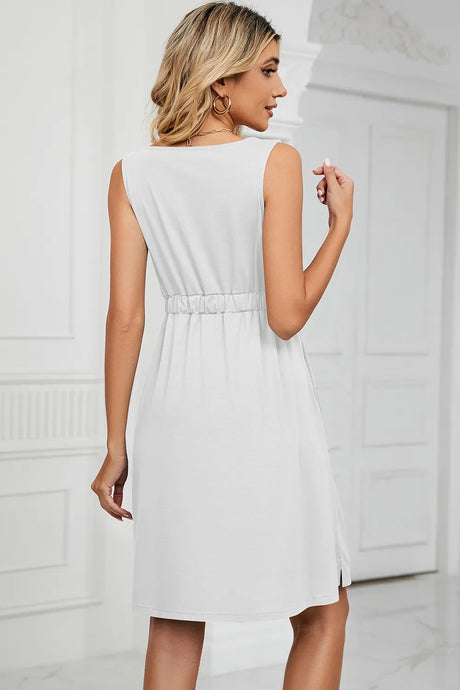 Solid color sleeveless button pocket round neck split waist dress - V.I.P Digital Presence