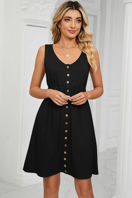 Solid color sleeveless button pocket round neck split waist dress - V.I.P Digital Presence