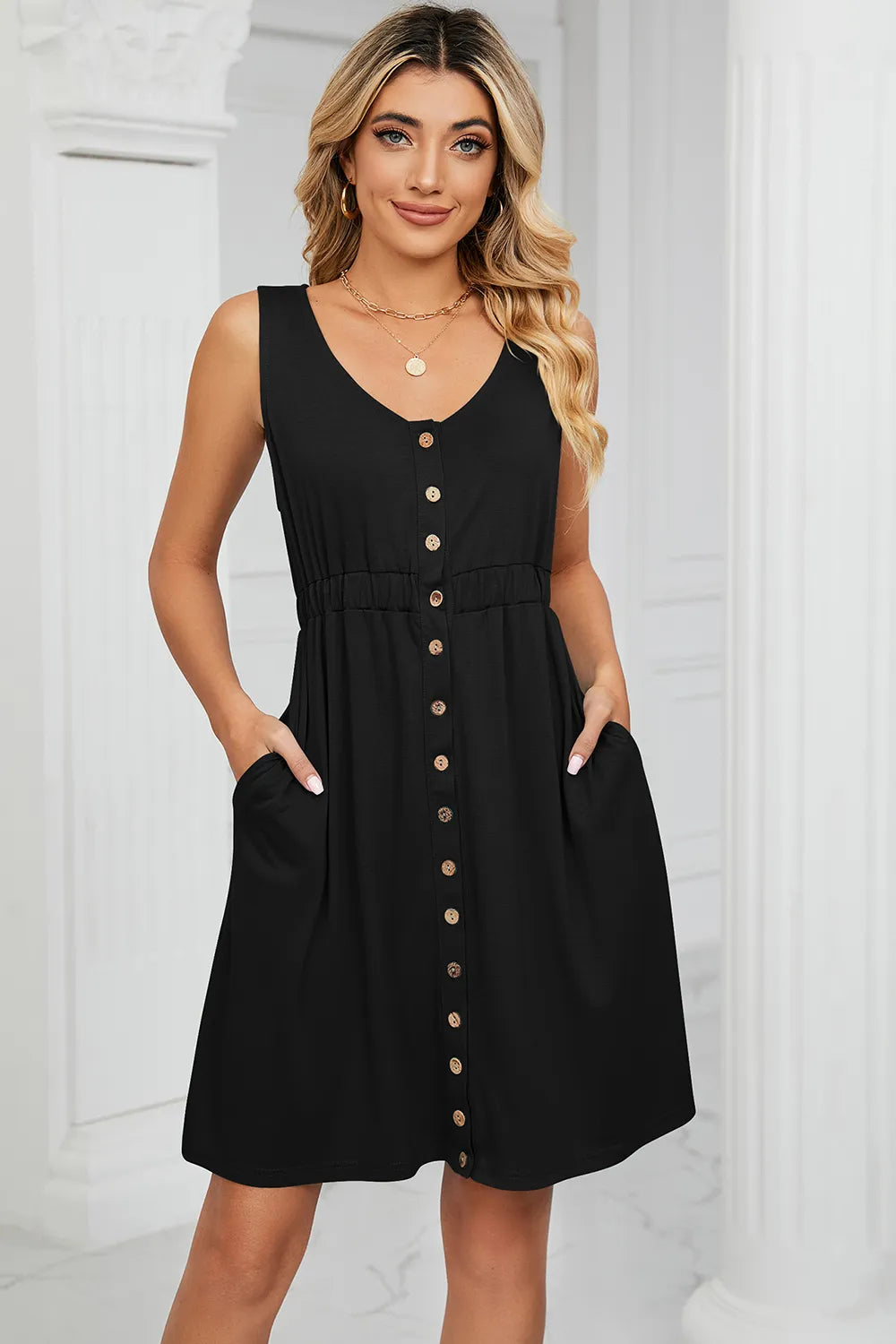 Solid color sleeveless button pocket round neck split waist dress - V.I.P Digital Presence