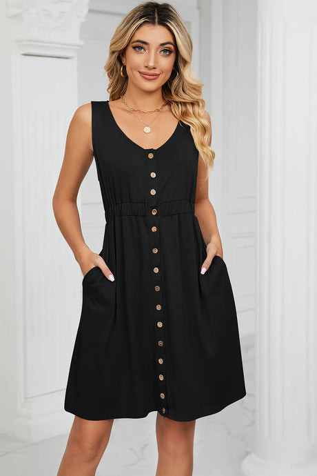 Solid color sleeveless button pocket round neck split waist dress - V.I.P Digital Presence