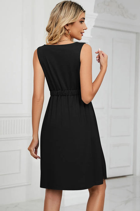 Solid color sleeveless button pocket round neck split waist dress - V.I.P Digital Presence