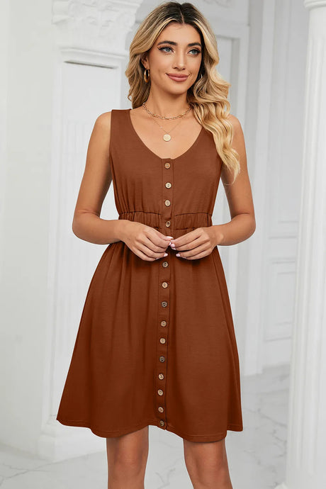 Solid color sleeveless button pocket round neck split waist dress - V.I.P Digital Presence