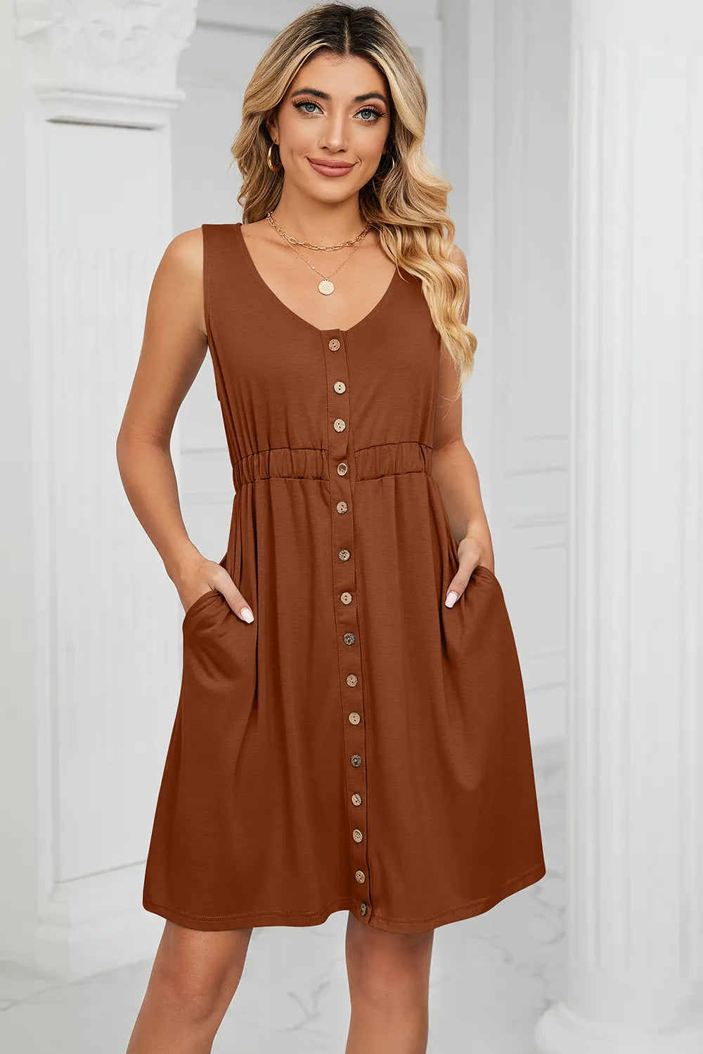 Solid color sleeveless button pocket round neck split waist dress - V.I.P Digital Presence
