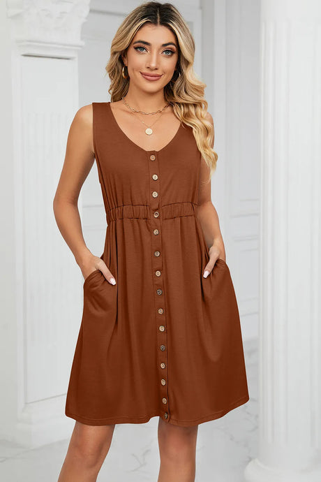 Solid color sleeveless button pocket round neck split waist dress - V.I.P Digital Presence