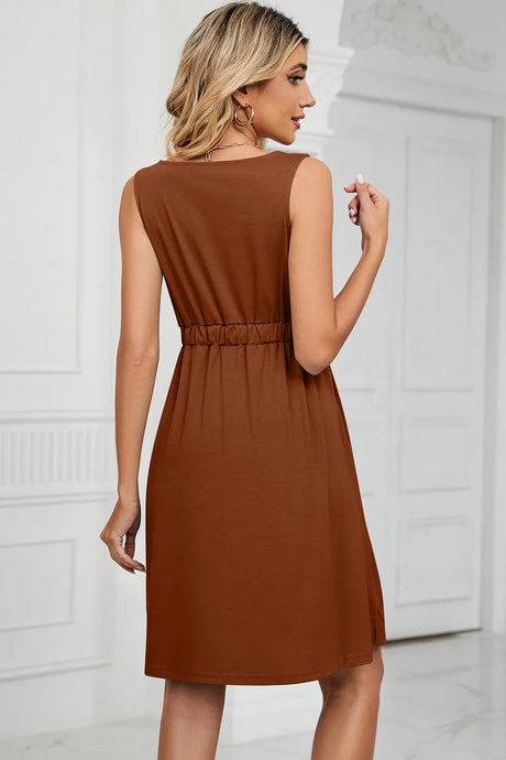 Solid color sleeveless button pocket round neck split waist dress - V.I.P Digital Presence