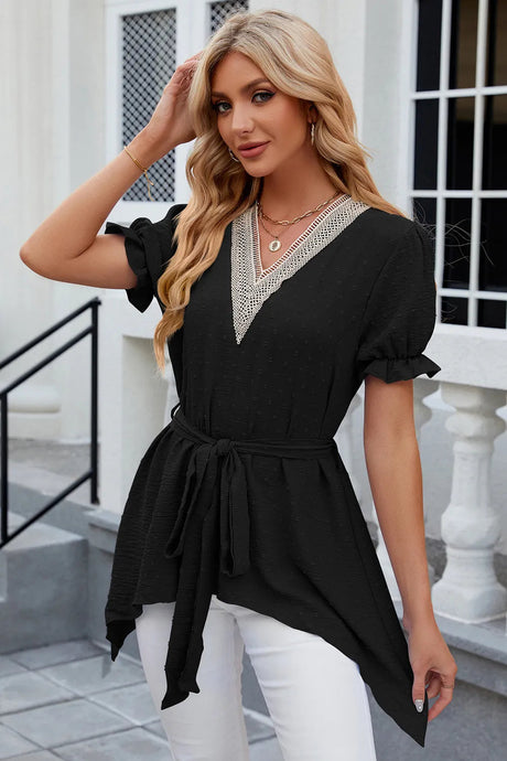 Solid color V-neck lace patchwork loose short sleeved dress - V.I.P Digital Presence