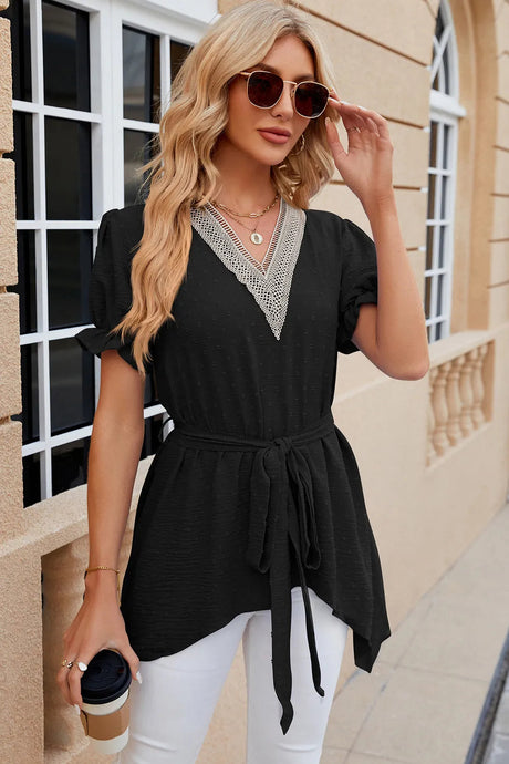 Solid color V-neck lace patchwork loose short sleeved dress - V.I.P Digital Presence