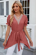 Solid color V-neck lace patchwork loose short sleeved dress - V.I.P Digital Presence