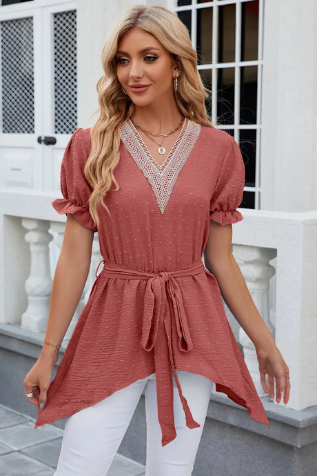 Solid color V-neck lace patchwork loose short sleeved dress - V.I.P Digital Presence