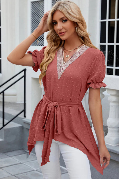 Solid color V-neck lace patchwork loose short sleeved dress - V.I.P Digital Presence