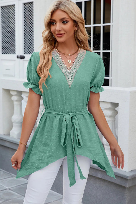 Solid color V-neck lace patchwork loose short sleeved dress - V.I.P Digital Presence