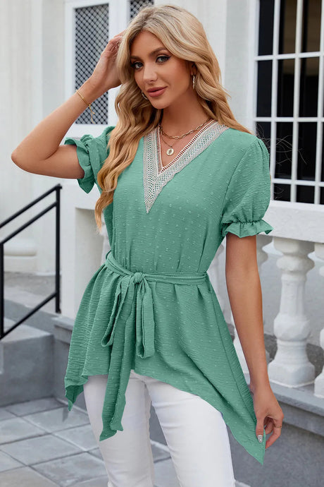 Solid color V-neck lace patchwork loose short sleeved dress - V.I.P Digital Presence