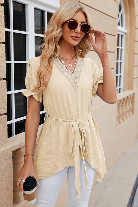 Solid color V-neck lace patchwork loose short sleeved dress - V.I.P Digital Presence