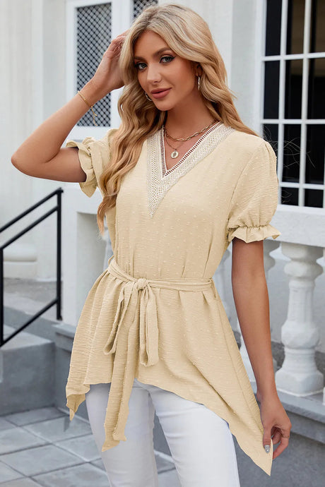 Solid color V-neck lace patchwork loose short sleeved dress - V.I.P Digital Presence