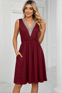 Solid color V-neck lace patchwork sleeveless pocket waist cinching dress - V.I.P Digital Presence