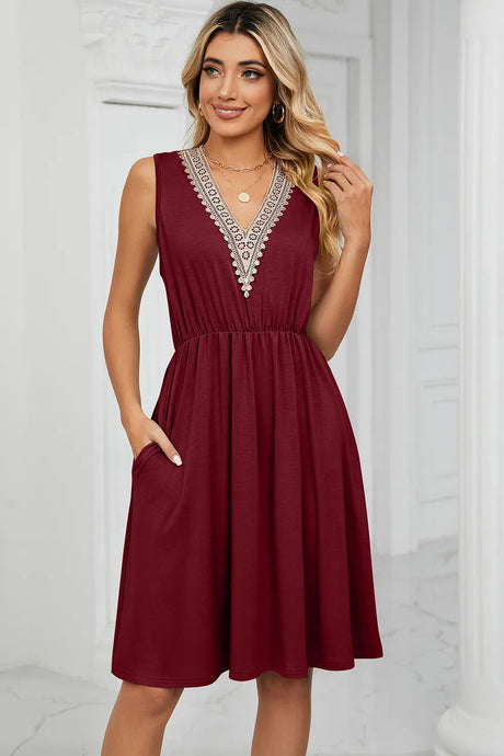 Solid color V-neck lace patchwork sleeveless pocket waist cinching dress - V.I.P Digital Presence