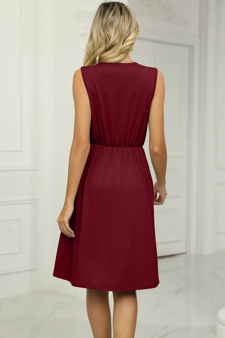 Solid color V-neck lace patchwork sleeveless pocket waist cinching dress - V.I.P Digital Presence