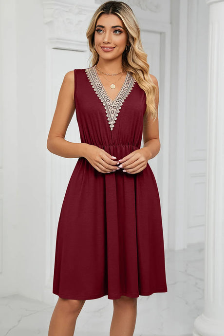 Solid color V-neck lace patchwork sleeveless pocket waist cinching dress - V.I.P Digital Presence