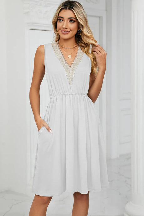 Solid color V-neck lace patchwork sleeveless pocket waist cinching dress - V.I.P Digital Presence