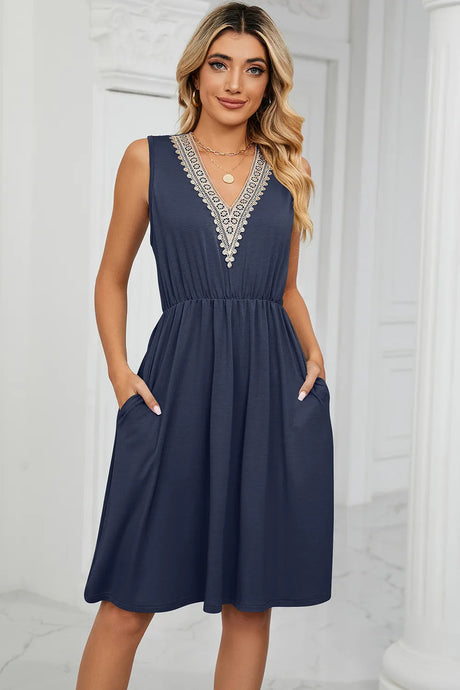 Solid color V-neck lace patchwork sleeveless pocket waist cinching dress - V.I.P Digital Presence