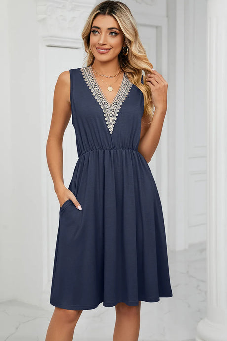Solid color V-neck lace patchwork sleeveless pocket waist cinching dress - V.I.P Digital Presence