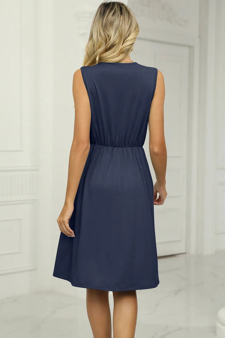 Solid color V-neck lace patchwork sleeveless pocket waist cinching dress - V.I.P Digital Presence