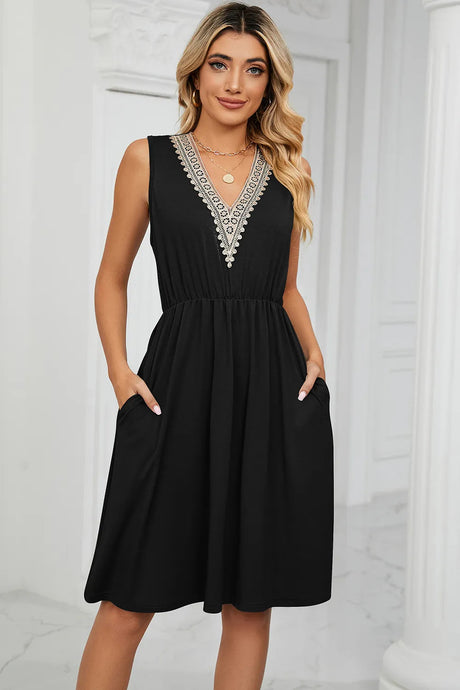 Solid color V-neck lace patchwork sleeveless pocket waist cinching dress - V.I.P Digital Presence
