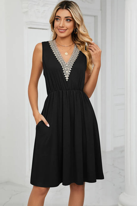 Solid color V-neck lace patchwork sleeveless pocket waist cinching dress - V.I.P Digital Presence