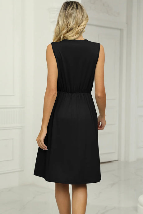 Solid color V-neck lace patchwork sleeveless pocket waist cinching dress - V.I.P Digital Presence