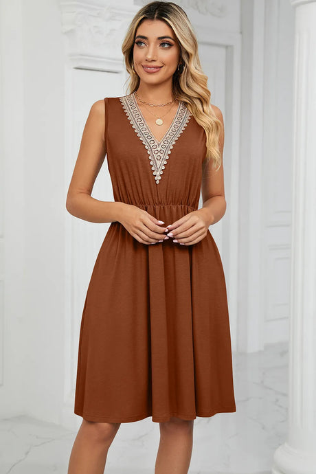 Solid color V-neck lace patchwork sleeveless pocket waist cinching dress - V.I.P Digital Presence