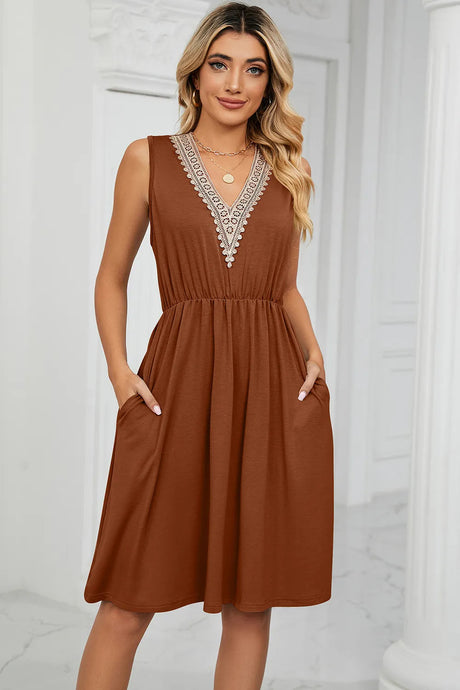 Solid color V-neck lace patchwork sleeveless pocket waist cinching dress - V.I.P Digital Presence