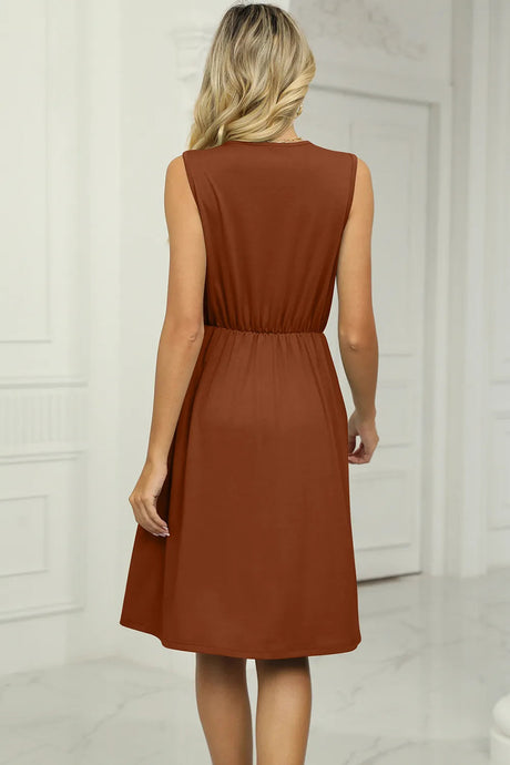 Solid color V-neck lace patchwork sleeveless pocket waist cinching dress - V.I.P Digital Presence