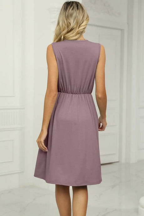 Solid color V-neck lace patchwork sleeveless pocket waist cinching dress - V.I.P Digital Presence