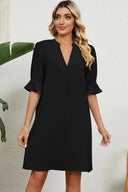 Solid color V-neck loose pleated five quarter sleeve dress for women - V.I.P Digital Presence