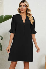Solid color V-neck loose pleated five quarter sleeve dress for women - V.I.P Digital Presence