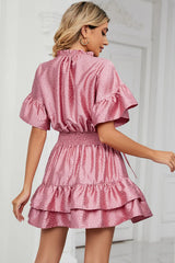 Solid color waist cinching loose V-neck lotus leaf dress for women - V.I.P Digital Presence